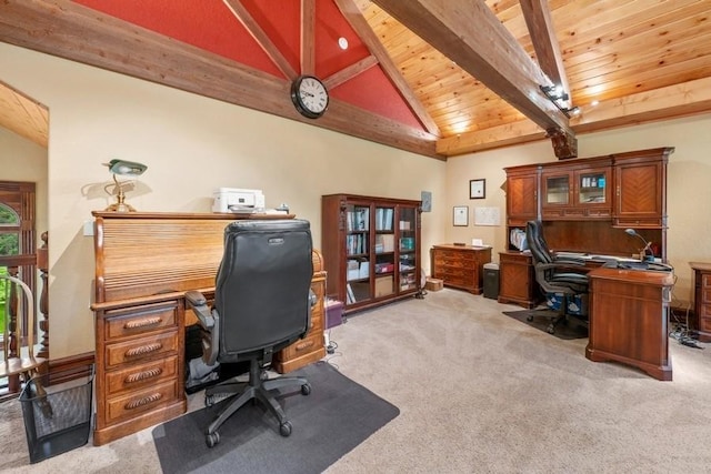 carpeted office space featuring beam ceiling, wooden ceiling, and high vaulted ceiling