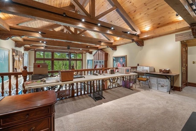 interior space featuring vaulted ceiling with beams, light colored carpet, and wood ceiling