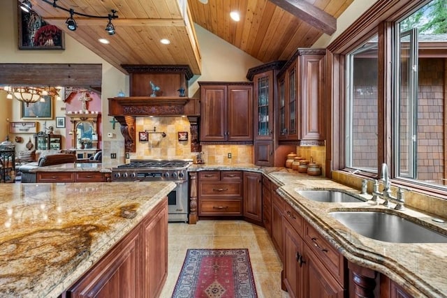 940 Mccaffery Rd, Bigfork, MT 59911 - kitchen featuring high end stove, wood ceiling, backsplash, light stone counters, and glass insert cabinets