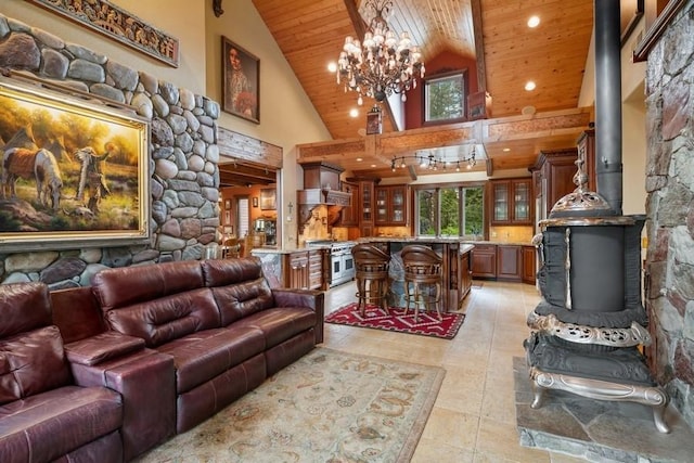 living room with a chandelier, high vaulted ceiling, and wooden ceiling