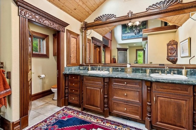 bathroom featuring vanity, toilet, lofted ceiling, and wood ceiling