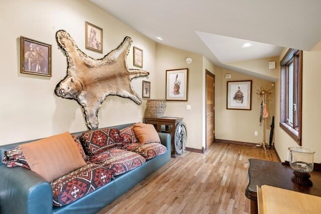 living room with light hardwood / wood-style floors and vaulted ceiling