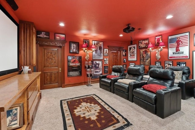 home theater room featuring light colored carpet