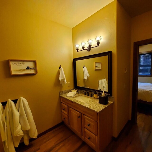 940 Mccaffery Rd, Bigfork, MT 59911 - bathroom featuring wood finished floors, vanity, and ensuite bath