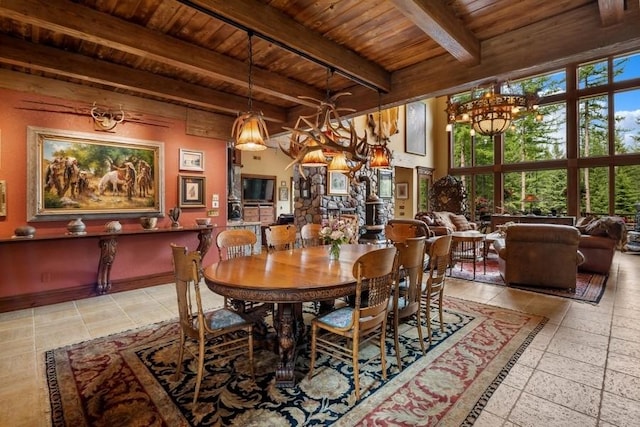 dining room with beam ceiling, an inviting chandelier, and wooden ceiling