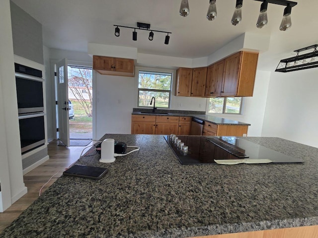 kitchen with kitchen peninsula, stainless steel appliances, wood-type flooring, and sink