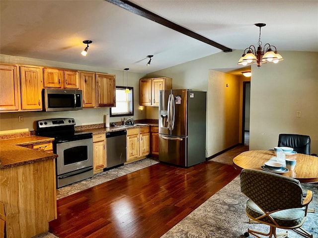 kitchen with decorative light fixtures, vaulted ceiling with beams, stainless steel appliances, and an inviting chandelier