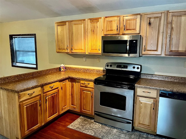 kitchen featuring appliances with stainless steel finishes and dark hardwood / wood-style floors