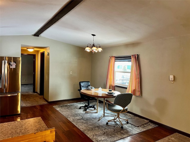 dining room featuring vaulted ceiling with beams, dark hardwood / wood-style floors, and a notable chandelier