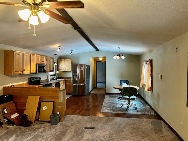 kitchen with kitchen peninsula, stainless steel appliances, dark colored carpet, vaulted ceiling with beams, and hanging light fixtures