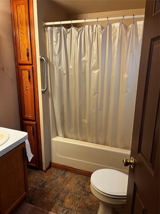 full bathroom featuring vanity, toilet, and shower / tub combo with curtain