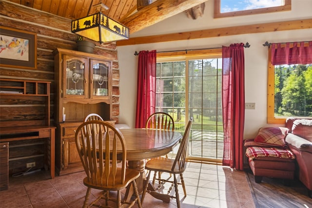 dining space featuring tile patterned floors, log walls, wood ceiling, and beam ceiling