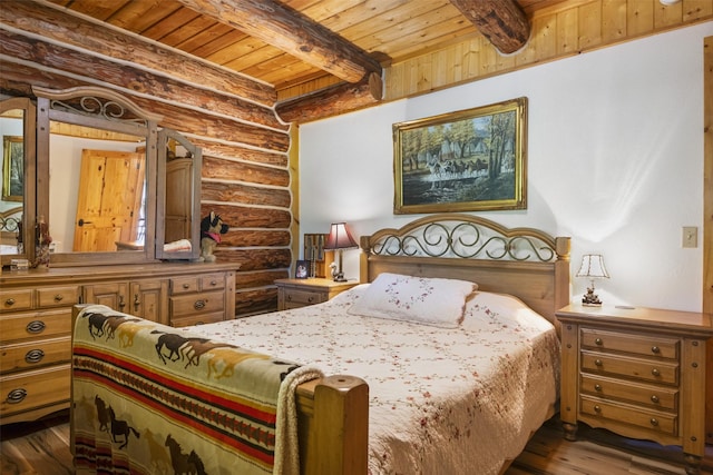 bedroom featuring hardwood / wood-style floors, log walls, wood ceiling, and beam ceiling