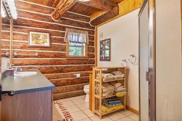 bathroom featuring toilet, wooden ceiling, tile patterned flooring, and log walls