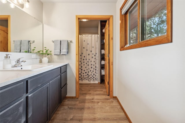 bathroom with vanity and hardwood / wood-style flooring