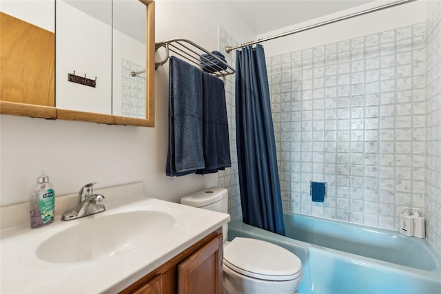 full bathroom with toilet, vanity, and shower / tub combo with curtain