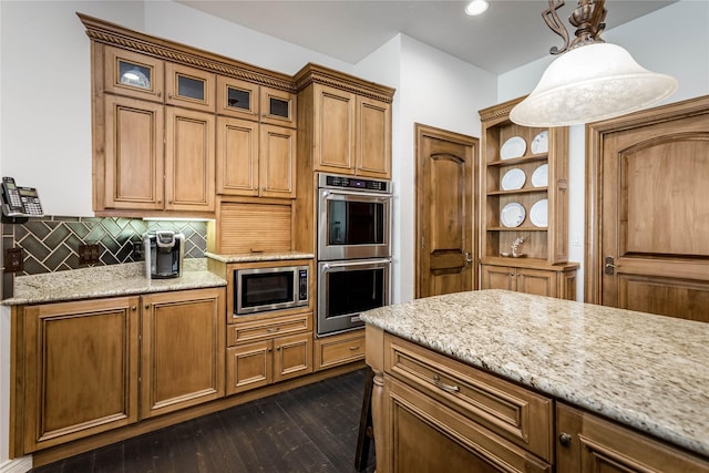 kitchen with decorative backsplash, open shelves, stainless steel appliances, glass insert cabinets, and dark wood-style flooring