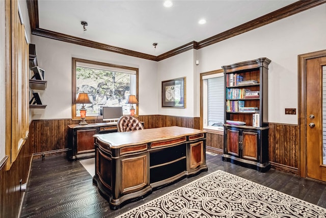 office area with a wainscoted wall, wood walls, and dark wood-type flooring