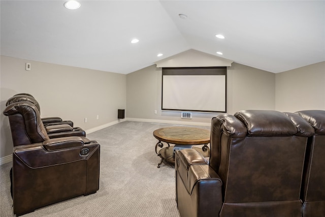 home theater featuring visible vents, recessed lighting, carpet, baseboards, and vaulted ceiling