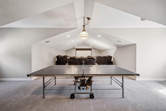 rec room featuring vaulted ceiling, carpet flooring, and baseboards