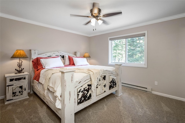 bedroom with a baseboard radiator, carpet floors, baseboards, and crown molding