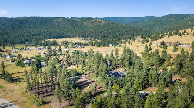 drone / aerial view with a forest view and a mountain view