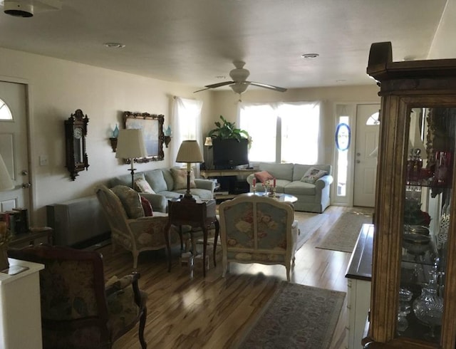 living room with ceiling fan and hardwood / wood-style floors