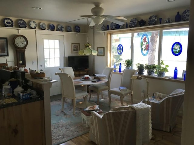 dining space with ceiling fan, wood-type flooring, and plenty of natural light