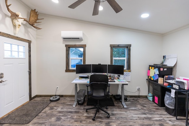 home office featuring a wall unit AC, crown molding, ceiling fan, dark hardwood / wood-style floors, and lofted ceiling