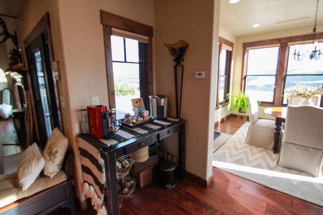 interior space with dark hardwood / wood-style flooring, an inviting chandelier, and a healthy amount of sunlight