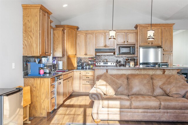 kitchen with vaulted ceiling, light hardwood / wood-style flooring, hanging light fixtures, stainless steel appliances, and decorative backsplash