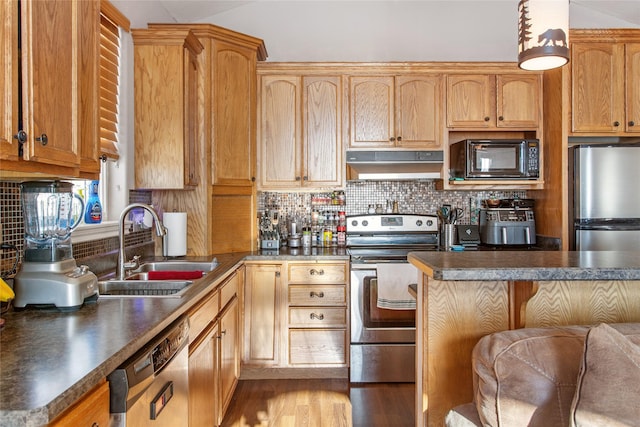 129 Red Mountain Vw, Butte, MT 59701 - kitchen with stainless steel appliances, under cabinet range hood, a sink, and dark countertops