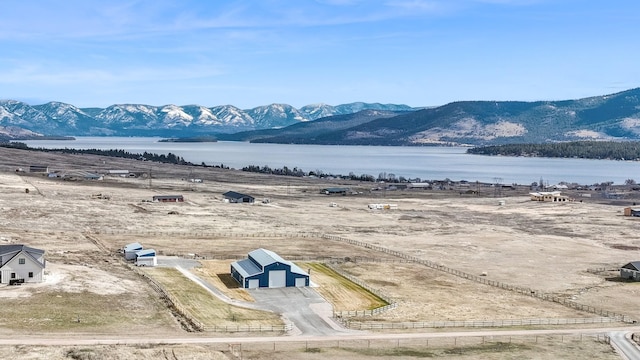 property view of mountains featuring a rural view and a water view