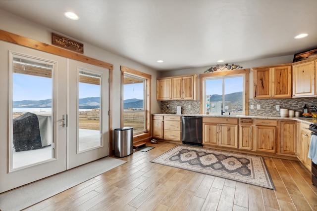 kitchen with light hardwood / wood-style flooring, dishwasher, decorative backsplash, and a mountain view