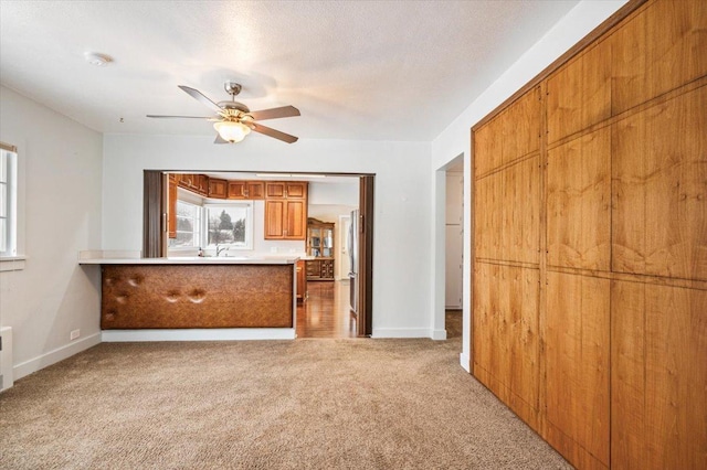 unfurnished living room with sink, carpet floors, and ceiling fan