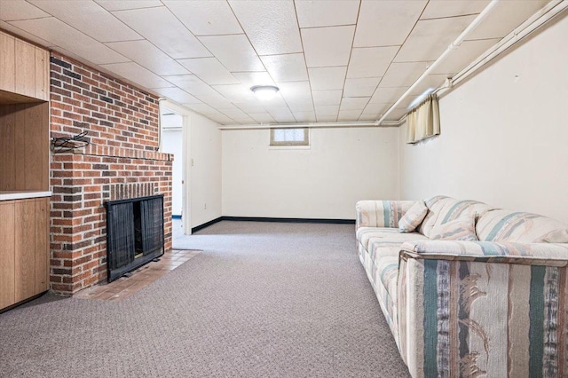 unfurnished living room featuring light carpet and a fireplace