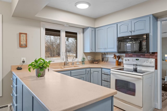 kitchen with sink, kitchen peninsula, a baseboard heating unit, blue cabinetry, and electric stove