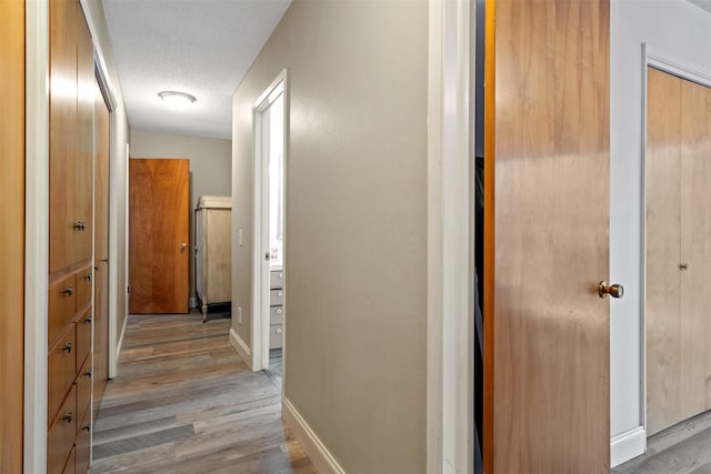 hallway with a textured ceiling and light wood-type flooring