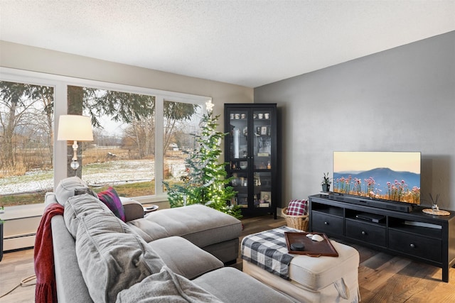 living room featuring a baseboard radiator, a textured ceiling, and hardwood / wood-style floors