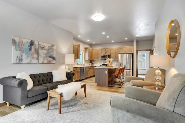 living room featuring light hardwood / wood-style floors and sink