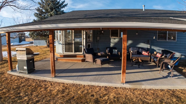 back of house with a patio, roof with shingles, and outdoor lounge area