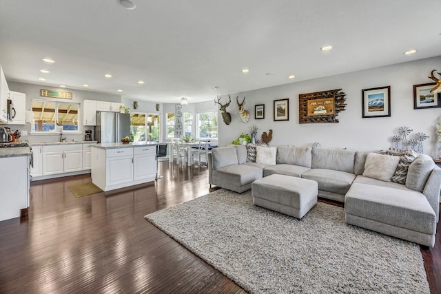 living area featuring recessed lighting and dark wood-style floors