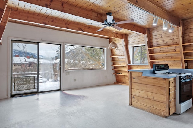 interior space featuring track lighting, wood walls, wooden ceiling, ceiling fan, and beamed ceiling