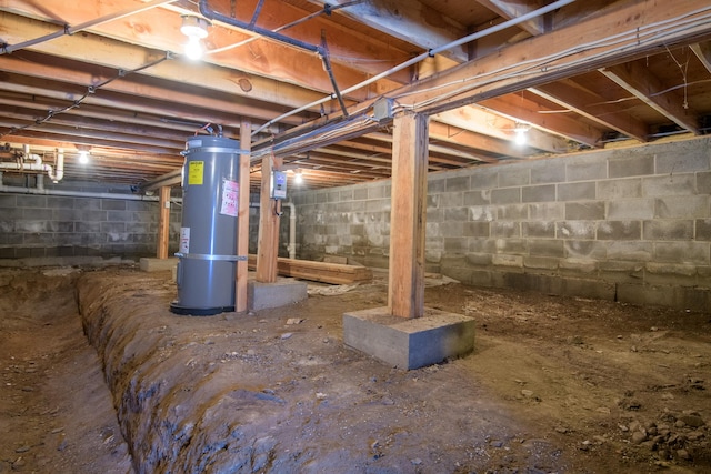 basement featuring secured water heater