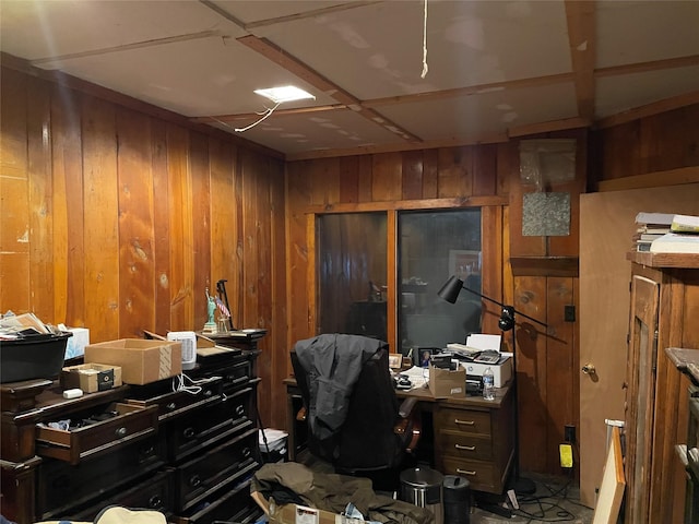 office area featuring wooden walls