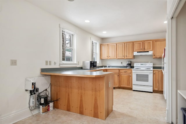 kitchen with sink, white electric range, kitchen peninsula, and light brown cabinets