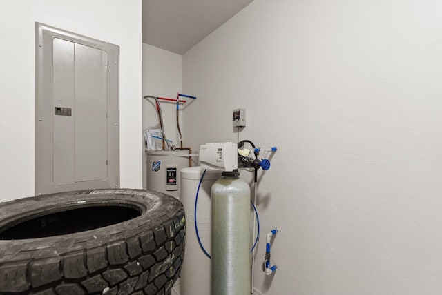 interior space with electric panel and water heater