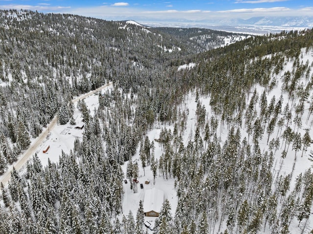 snowy aerial view with a mountain view