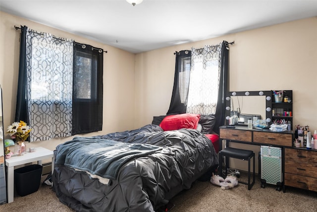 bedroom with baseboard heating and carpet flooring