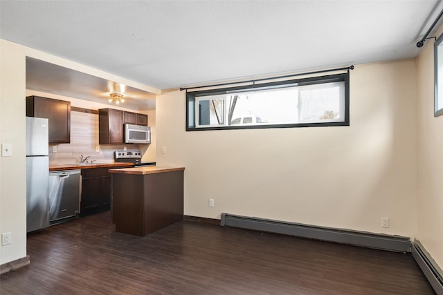 kitchen with stainless steel appliances, sink, decorative backsplash, and baseboard heating